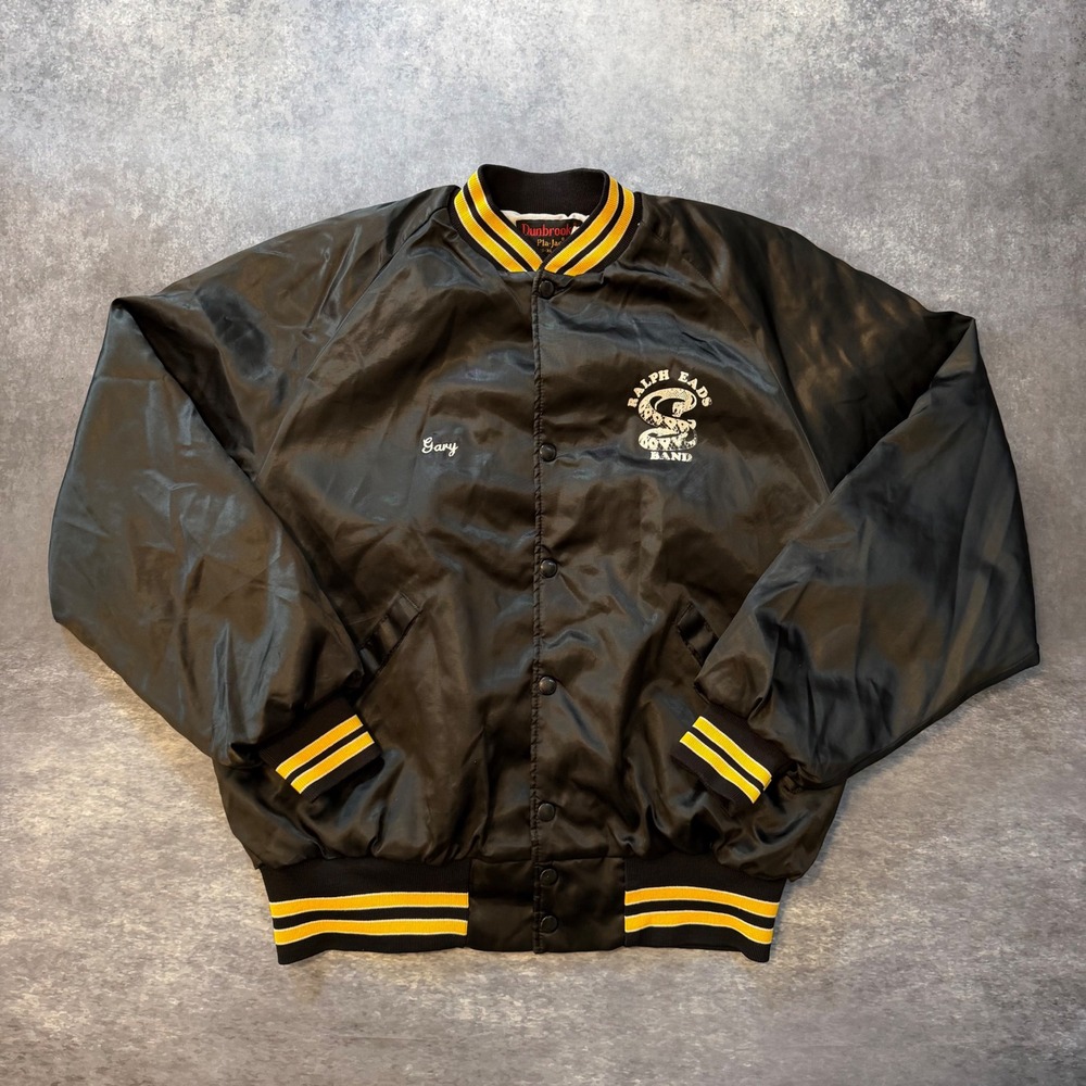 VTG 80s Dunbrooke Pla-Jac Satin Bomber Jacket XL Black Varsity Ralph Eads Band